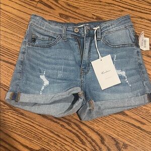 KanCan Blue High-Waisted Jean Shorts with Distressed Details